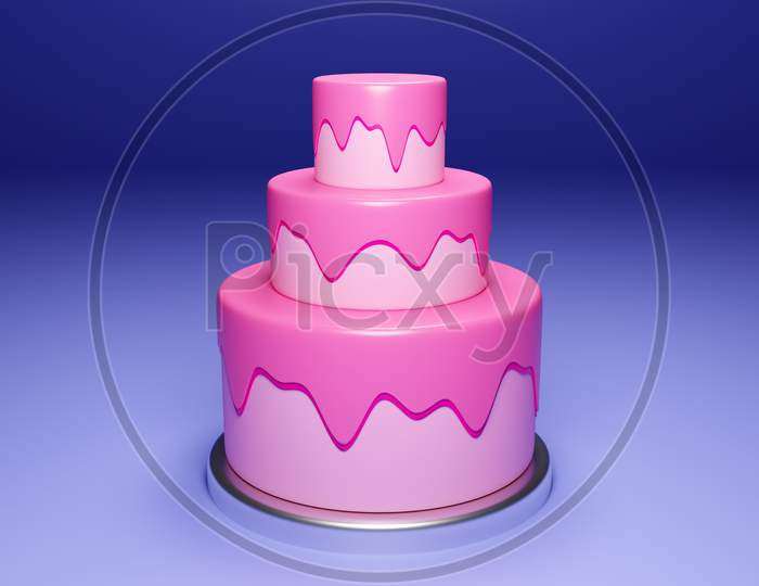 3D Rendering Three-Tier Wedding Cake. Сlose-Up Of The Pink Isosceles Pyramid, Pedestal. A Scene From Circles On A Pink Background