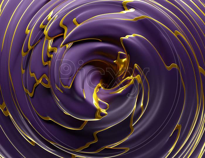 3D Illustration Of A Hypnotic Pattern.  Abstract Purple With Gold Background With Shimmering Circles And Glitter. Luxurious Background Design