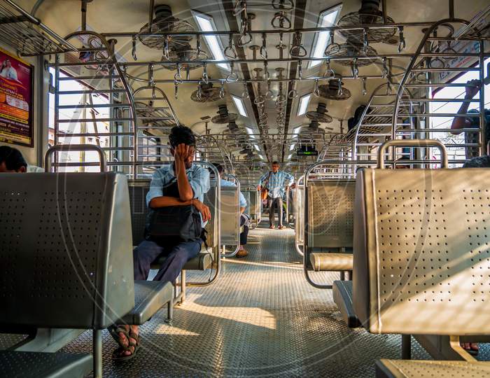 Unidentified Passengers Inside Indian Railway Local Train On Westerna Railway Line
