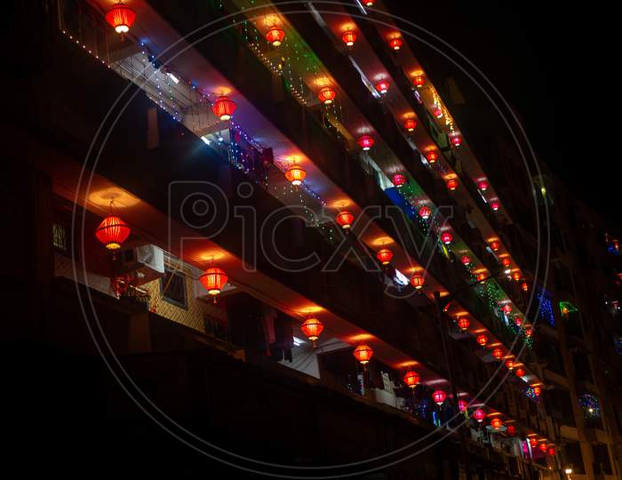 Colorful  Lantern Lights Hanging Outside Houses On The Occassion Of Diwali