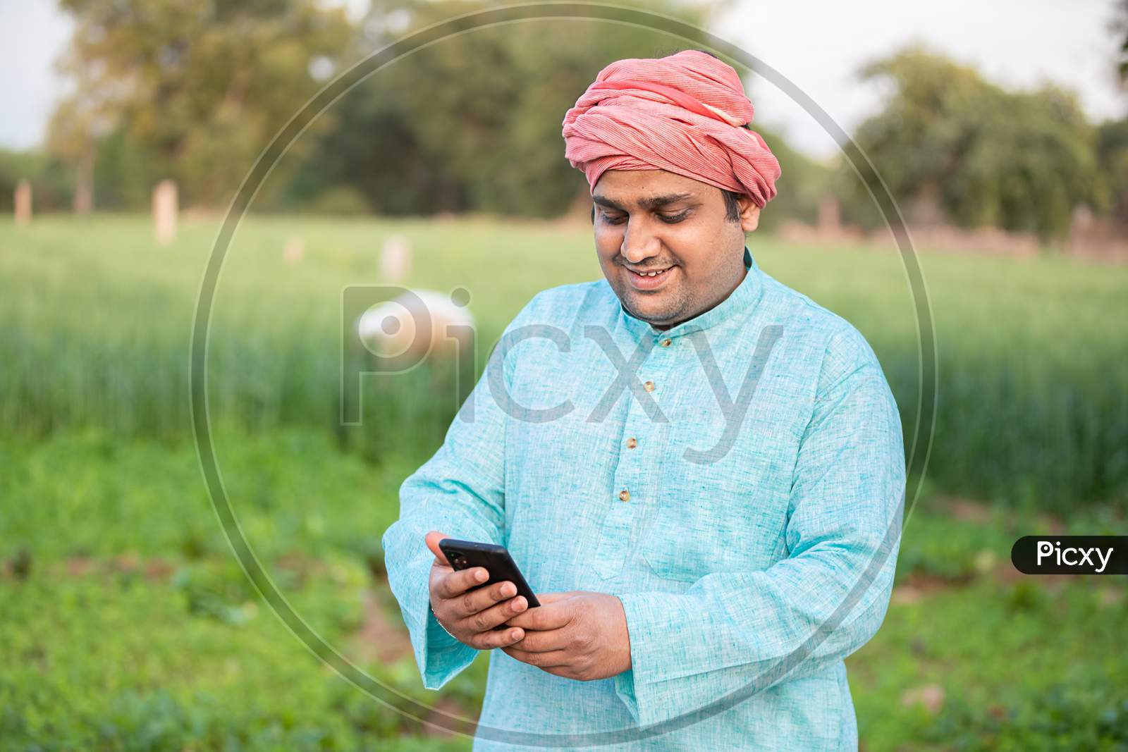 Young Happy Indian Farmer Worker Using Smartphone While Standing In Agriculture Green Field, Internet Banking, 5G Network Technology Concept, Male Wearing Traditional Kurta Outfit.