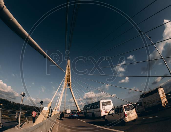 Delhi, India-March 03 2020 : Signature Bridge Is A Cantilever Spar Cable-Stayed Bridge Which Spans The Yamuna River At Wazirabad Section, Connecting Wazirabad To East Delhi.