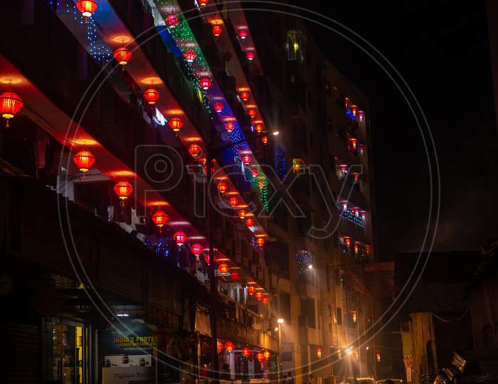 Colorful Akash Kandil / Lantern Lights Hanging Outside Houses On The Occassion Of Diwali