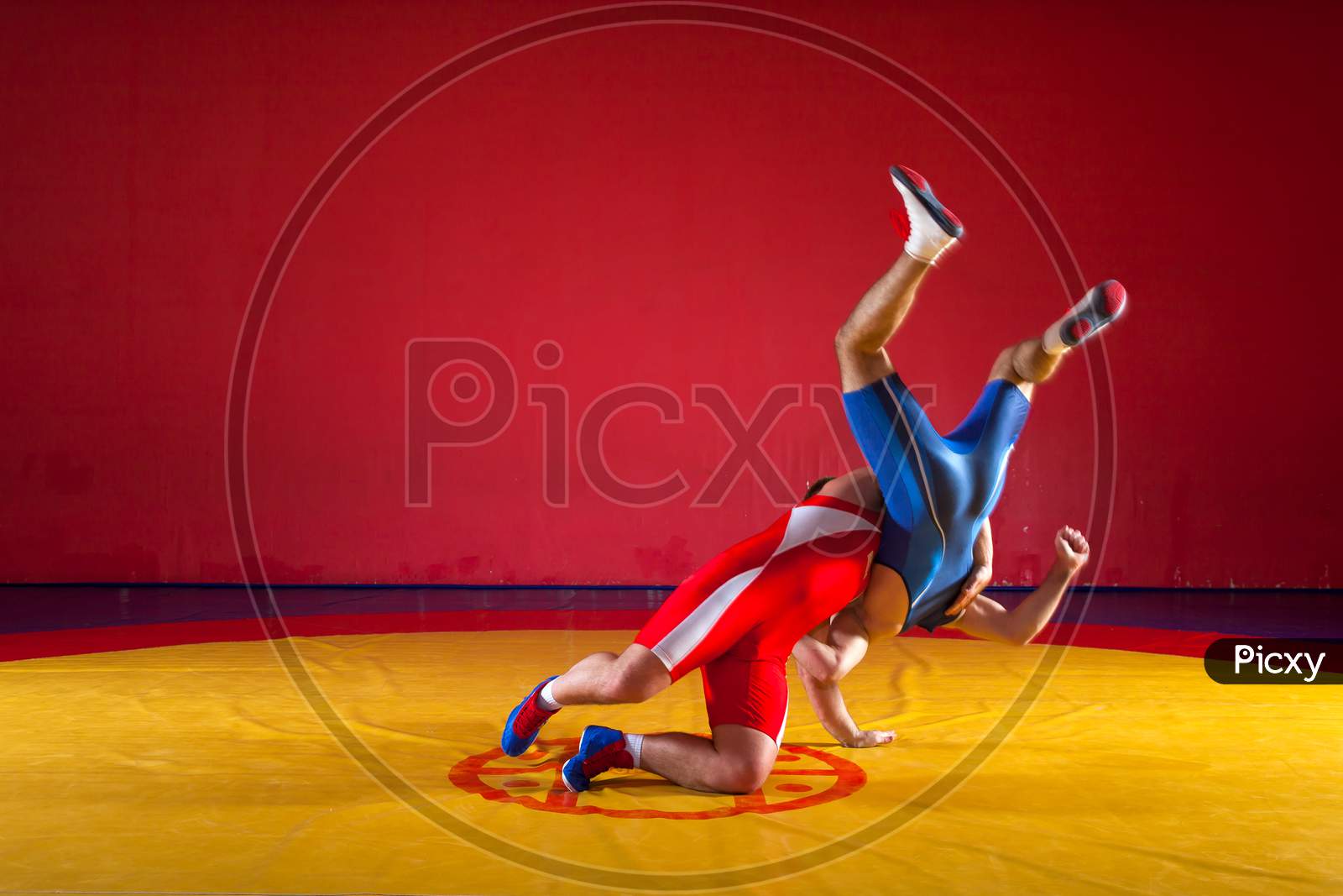 Two Young Men In Blue And Red Wrestling Tights Are Wrestlng And Making A Hip Throw On A Yellow Wrestling Carpet In The Gym