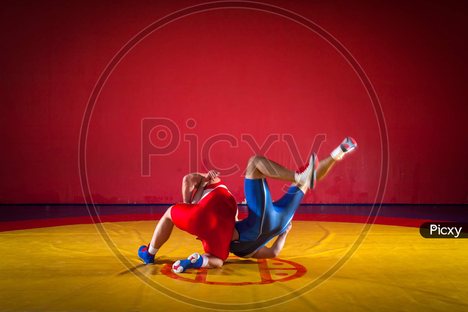 Two Strong Wrestlers In Blue And Red Wrestling Tights Are Wrestlng And Making A Suplex Wrestling On A Yellow Wrestling Carpet In The Gym. Young Man Doing Grapple.