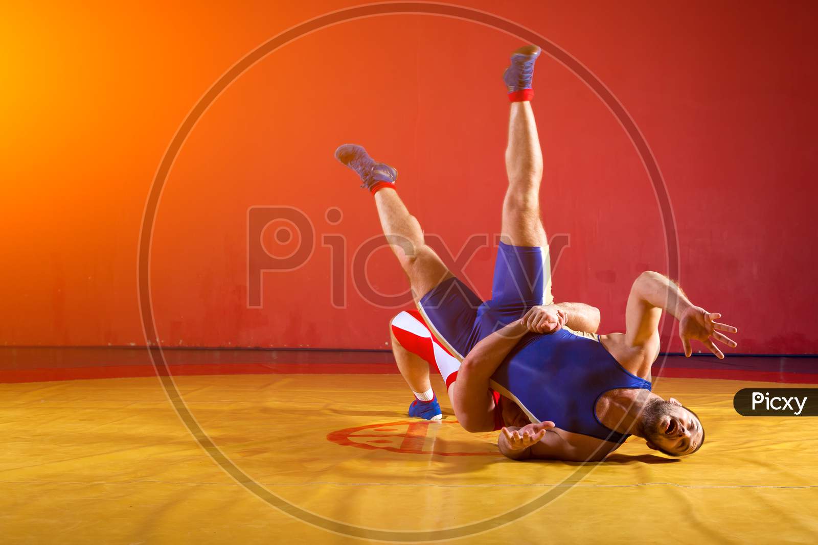 Two Greco-Roman  Wrestlers In Red And Blue Uniform Wrestling   On A Yellow Wrestling Carpet In The Gym