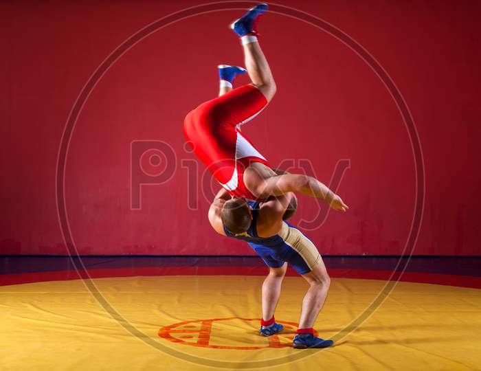 Two Young Men In Blue And Red Wrestling Tights Are Wrestlng And Making A Suplex Wrestling On A Yellow Wrestling Carpet In The Gym