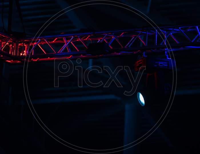Stage Lighting. Projectors In The Circus.Multicolored Light Rays From Stage Spotlights On Stage