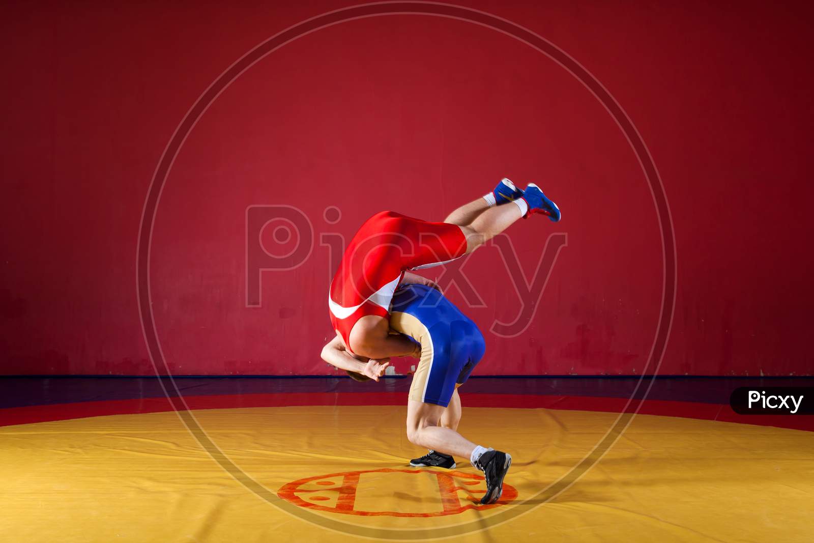 Two Greco-Roman  Wrestlers In Red And Blue Uniform Wrestling   On A Yellow Wrestling Carpet In The Gym