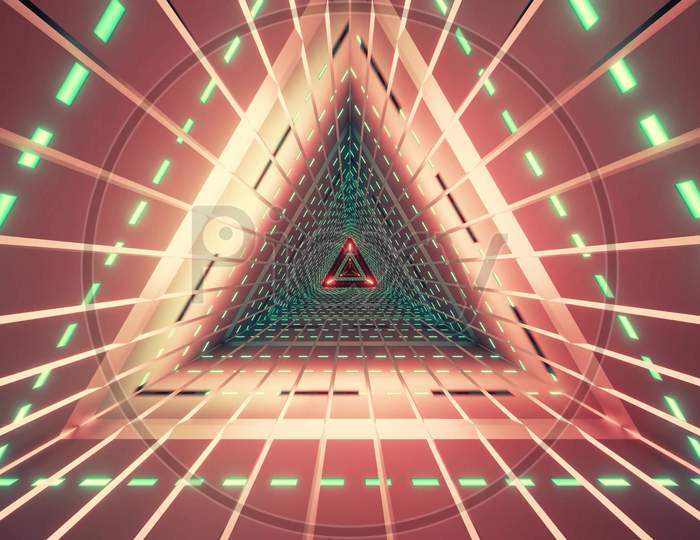Triangle Tunnel With Neon Lights 3D Illustration
