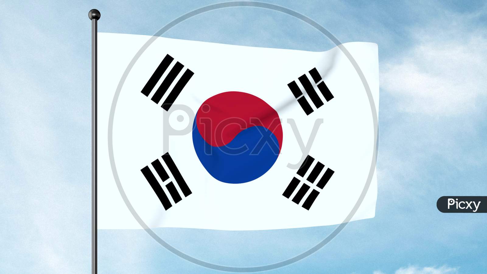 3D Illustration Of The Flag Of South Korea, The Taegukgi, Has Three Parts: A White Rectangular Background, A Red And Blue Taegeuk In Its Centre, And Four Black Trigrams, One In Each Corner.