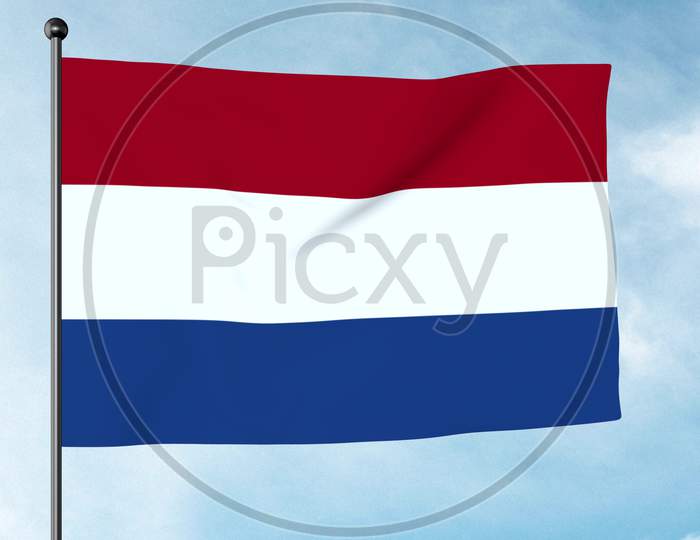 3D Illustration Of The Flag Of The Netherlands Is A Horizontal Tricolour Of Red, White, And Blue. The Current Design Originates As A Variant Of The Late 16Th Century Orange-White-Blue Prinsenvlag,