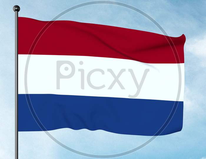 3D Illustration Of The Flag Of The Netherlands Is A Horizontal Tricolour Of Red, White, And Blue. The Current Design Originates As A Variant Of The Late 16Th Century Orange-White-Blue Prinsenvlag,