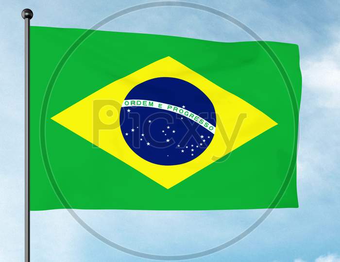 3D Illustration Of The Flag Of Brazil, Verde E Amarela, Auriverde, Is A Blue Disc Depicting A Starry Sky Inscribed With The National Motto "Ordem E Progresso", Within A Yellow Rhombus, On A Green Field