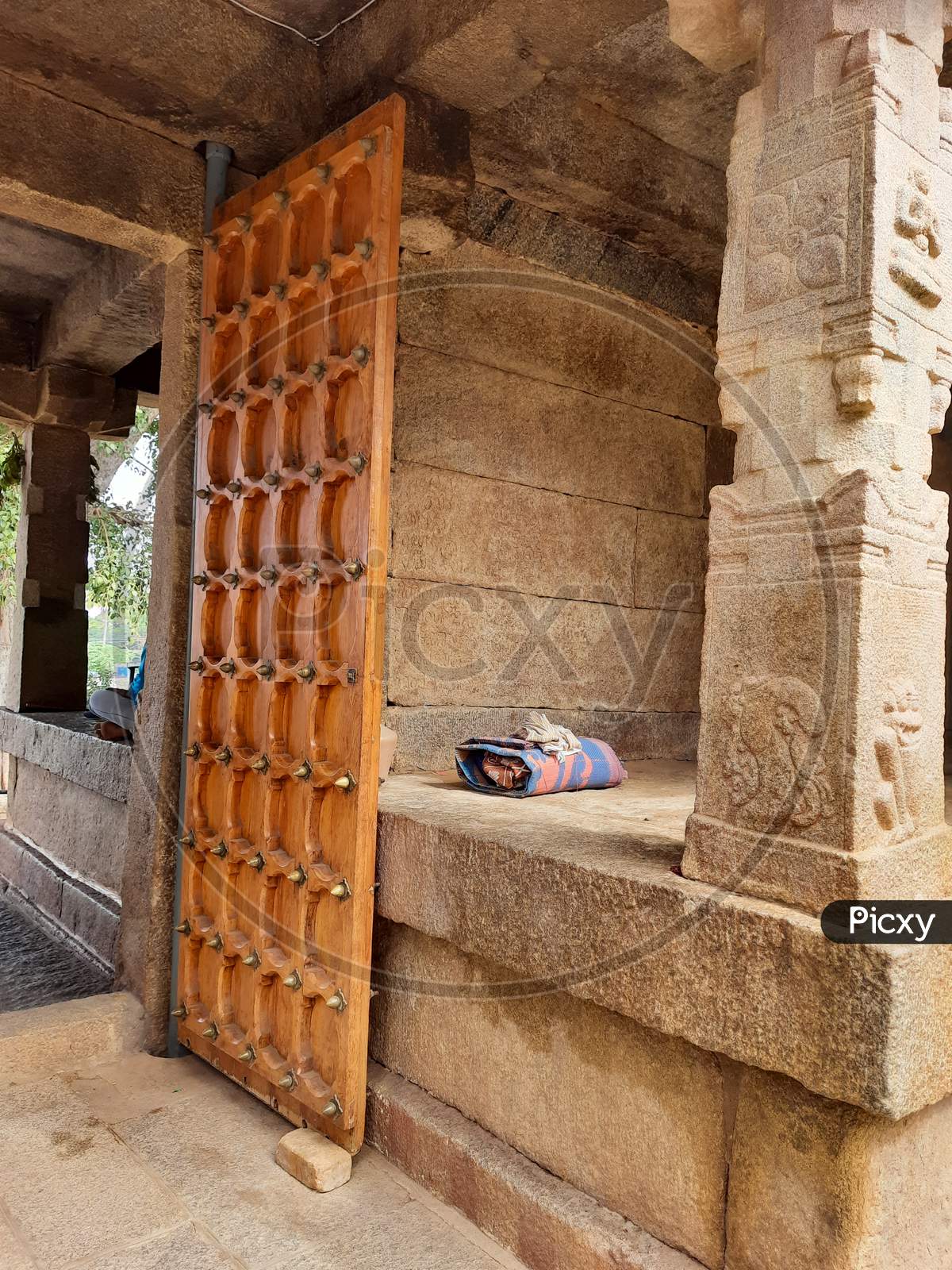 Beautiful View Of Antique Brown Color Door At Entrance Of Veerabhadra Hindu Temple Located In Lepakshi, Andhra Pradesh, India