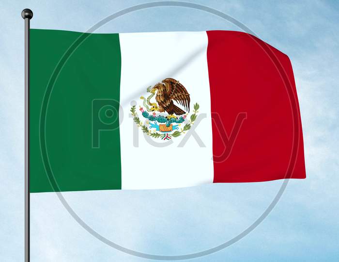 3D Illustration Of The Flag Of Mexico Is A Vertical Tricolour Of Green, White, And Red With The National Coat Of Arms Charged In The Centre Of The White Stripe.