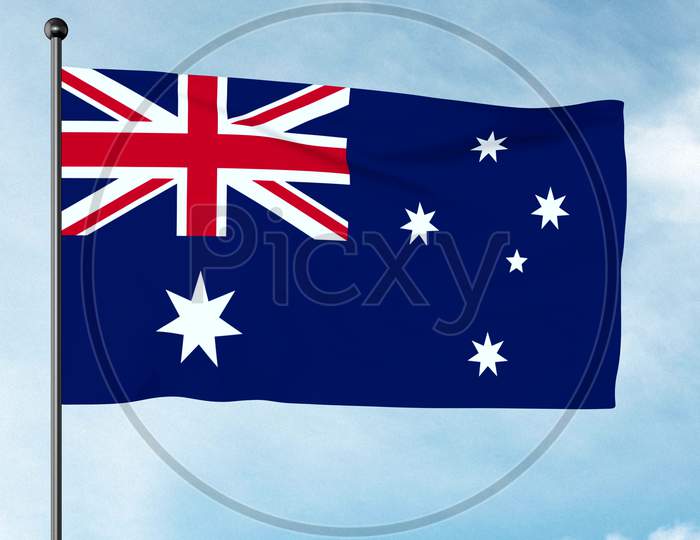 3D Illustration Of The Flag Of Australia Is Based On The British Maritime Blue Ensign – A Blue Field With The United Kingdom Flag In The Canton Or Upper Hoist Quarter.