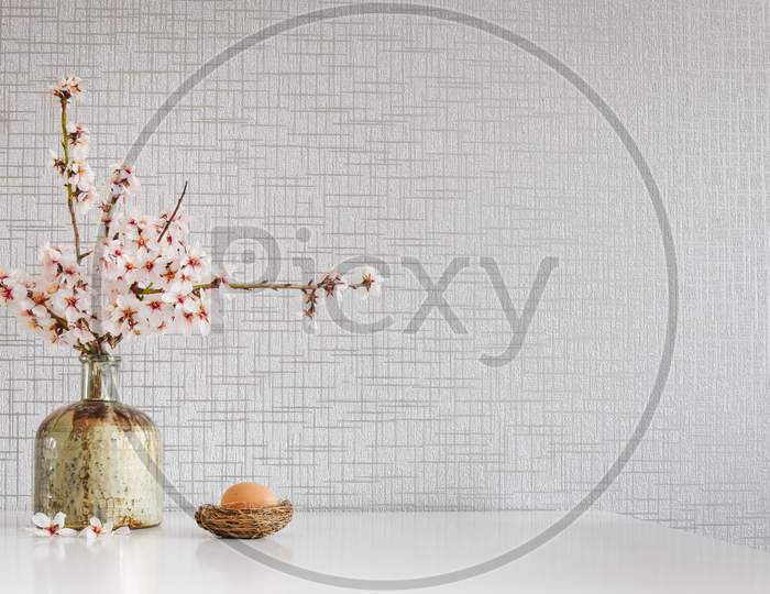 Decoration On Kitchen Table With Spring Daisies, Easter Egg And White Blank Space Background