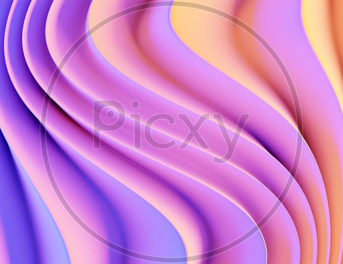 3D Illustration Of A Stereo Strip Of Different Colors. Geometric Stripes Similar To Waves. Abstract   Pink And Orange   Glowing Crossing Lines Pattern