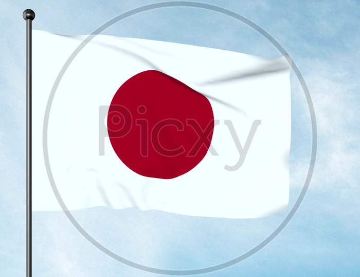 3D Illustration Of The National Flag Of Japan Is A Rectangular White Banner Bearing A Crimson-Red Circle At Its Centre. Nisshōki, Hinomaru. Land Of The Rising Sun.