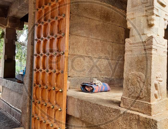 Beautiful View Of Antique Brown Color Door At Entrance Of Veerabhadra Hindu Temple Located In Lepakshi, Andhra Pradesh, India
