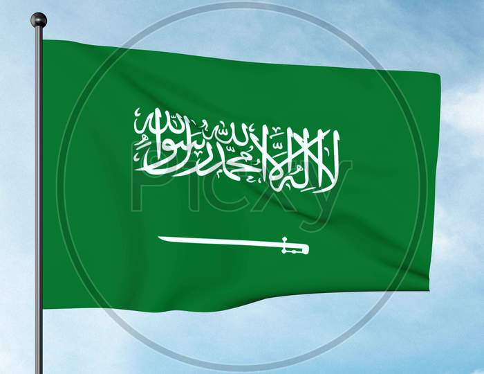 3D Illustration Of The Flag Of The Kingdom Of Saudi Arabia, A Green Flag Featuring In White An Arabic Inscription And A Sword. "There Is No God But The God; Muhammad Is The Messenger Of The God"