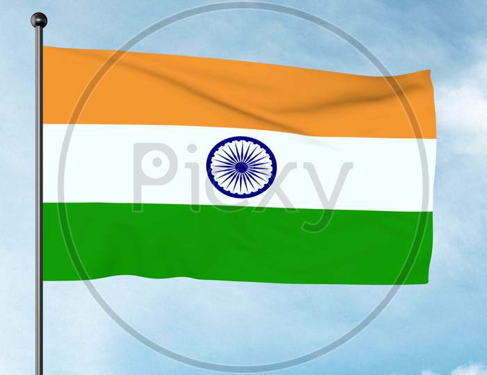 3D Illustration Of The National Flag Of India Is A Horizontal Rectangular Tricolour Of India Saffron, White And India Green; With The Ashoka Chakra, A 24-Spoke Wheel, In Navy Blue At Its Centre.