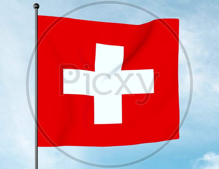 3D Illustration Of The Flag Of Switzerland Displays A White Cross In The Centre Of A Square Red Field. The White Cross Is Known As The Swiss Cross.