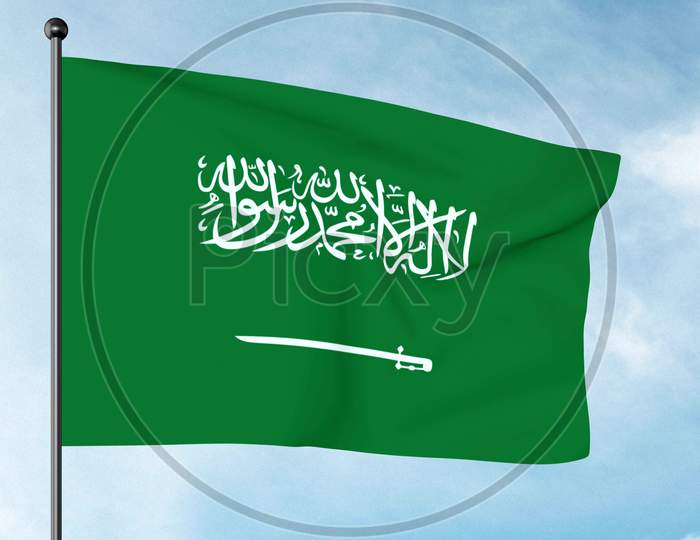 3D Illustration Of The Flag Of The Kingdom Of Saudi Arabia, A Green Flag Featuring In White An Arabic Inscription And A Sword. "There Is No God But The God; Muhammad Is The Messenger Of The God"