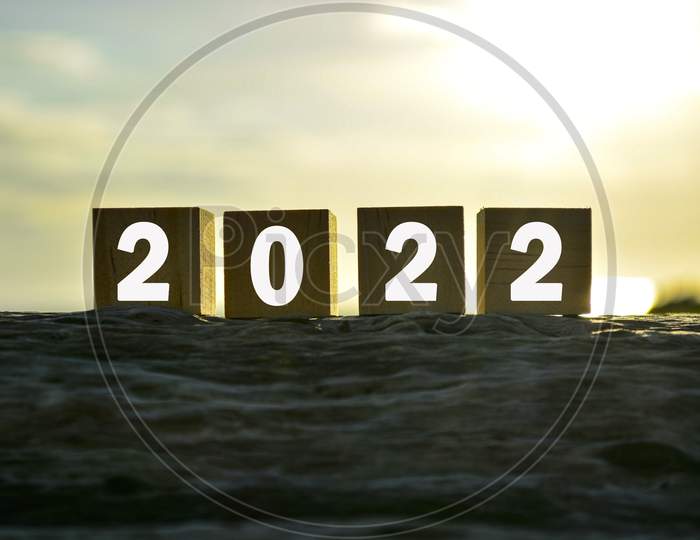 2022 Number On Wooden Cube Block On Old Tree Stump With Blurred Background Of Green Grass Ocean And Sunset