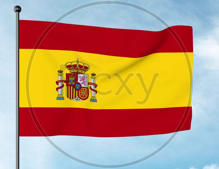 3D Illustration Of The Flag Of Spain Consists Of Three Horizontal Stripes: Red, Yellow And Red, The Yellow Stripe Being Twice The Size Of Each Red Stripe, La Rojigualda.