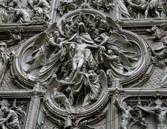 Milan, Italy/Europe - February 23 : Detail Of The Main Door At The Duomo Cathedral In Milan Italy On February 23, 2008