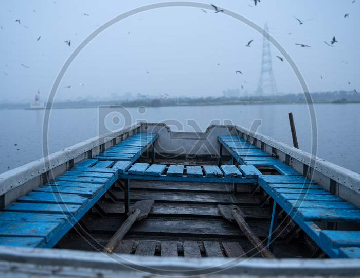 A Blue Boat Lying In Yamuna Ghat Delhi