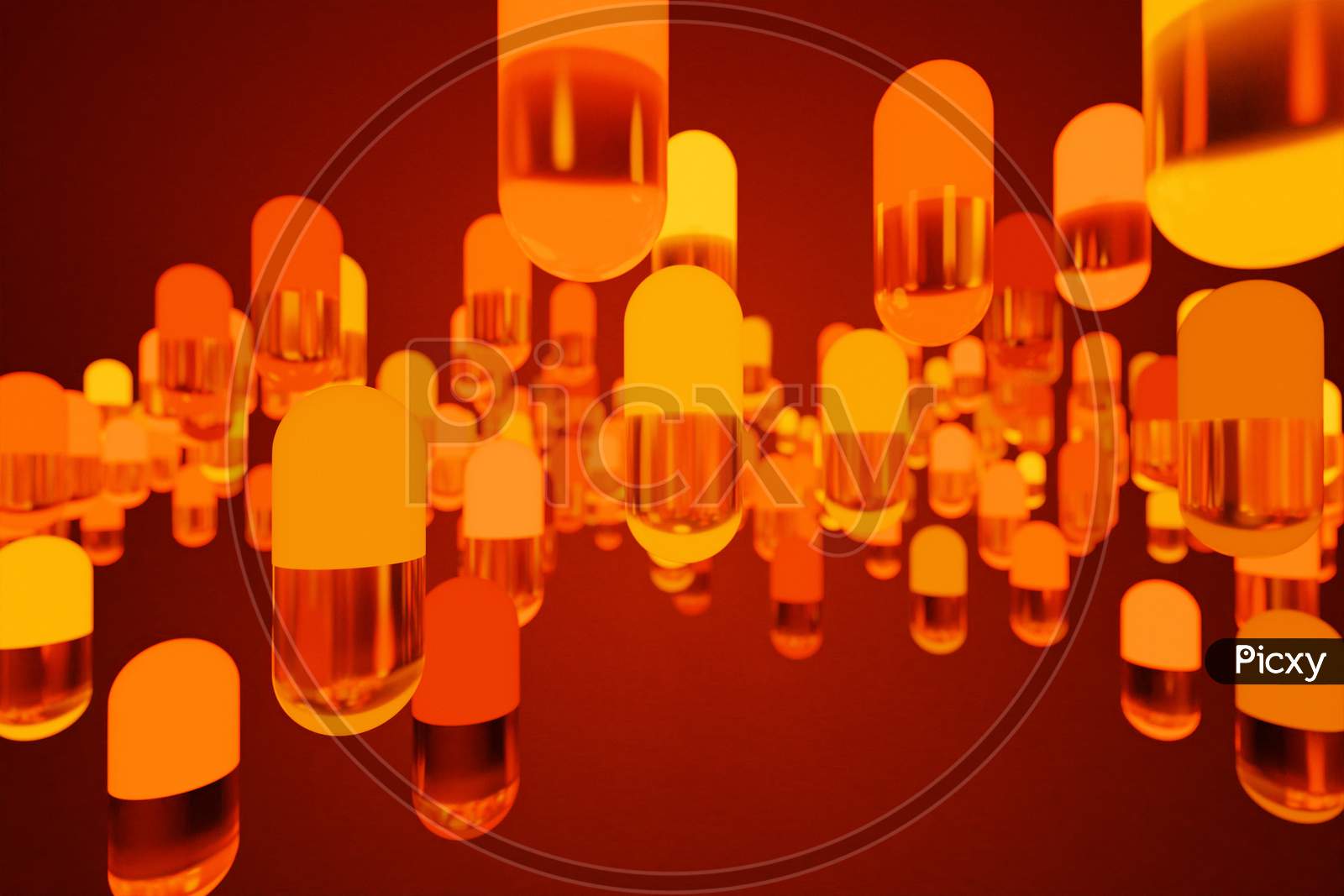 3D Illustration Orange  Capsules, Tablets With Medicine In Even Rows On A Orange Neon   Background. Capsule Medicine