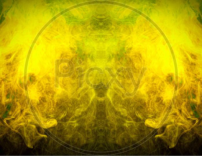 Fog Colored With Bright  Yellow  Smoke On Dark Background. Background Consists Of Fractal Multicolor Texture And Is Suitable For Use In Projects On Imagination, Creativity And Design.