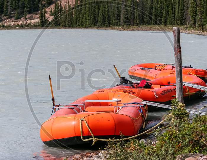 Rafts Moored On The Athabasca River