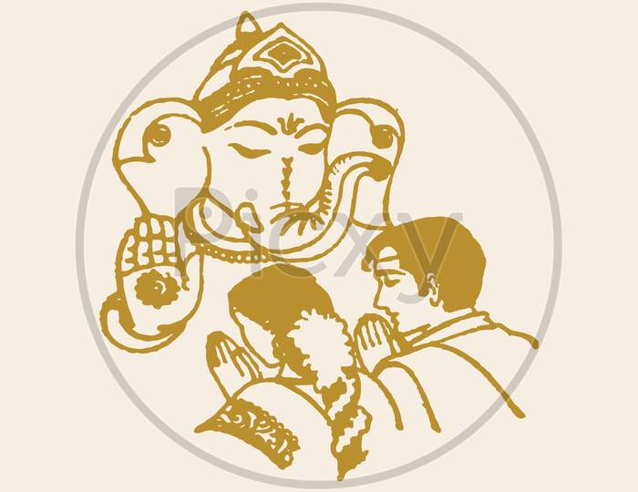 Sketch Of Lord Ganesha Blessing Newly Married Bride And Groom Editable Outline Illustration