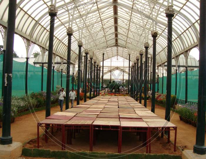 Closeup Of Indoor Or Interior View Of Glass House Located At The Lalbagh Botanical Garden.