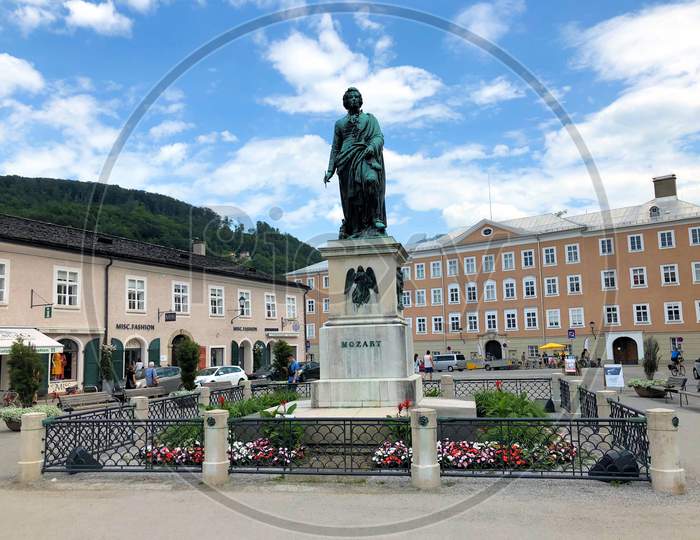 Sculpture Of Mozart On A Square In The City Of Salzburg In Austria 10.6.2018