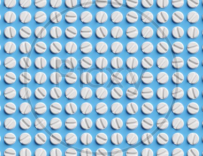 3D Illustration White -  White Pils, Tablets With Medicine In Even Rows On A Blue   Background. Capsule, Drag Medicine