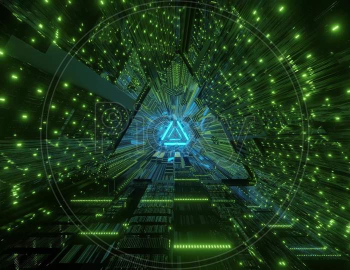 Triangle Tunnel With Neon Lights 3D Illustration