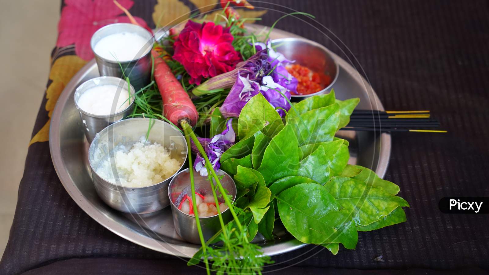 Hindu Puja Plate Closeup. Worship Plate To Prayer Of God. Ornamented Sacred Plate With Bilv Or Scent Sticks And Milk Glass.