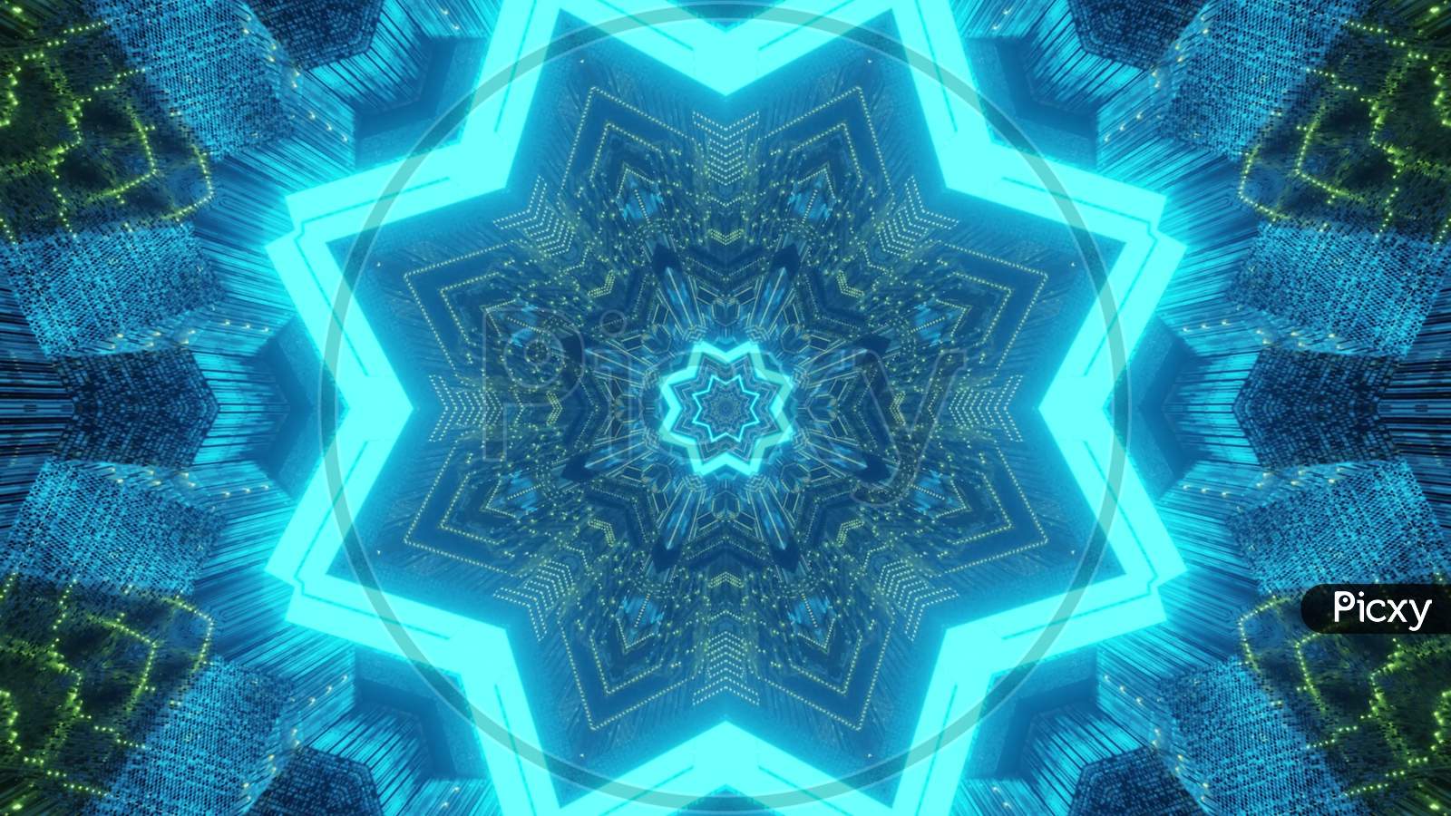 Ornamental Kaleidoscope Pattern With Neon Light 3D Illustration