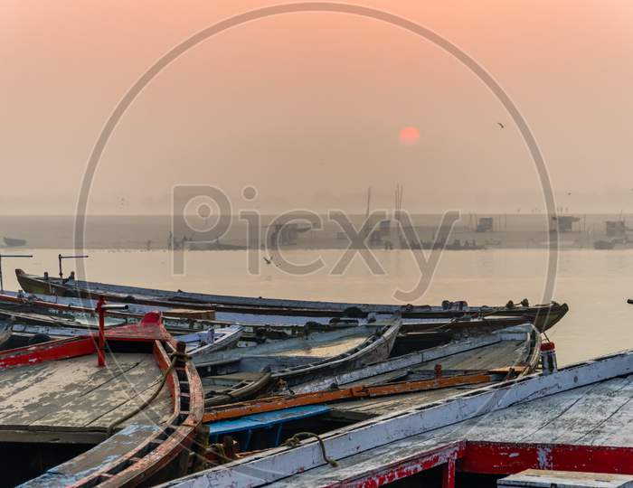 Boats Are Halted At The Bank Of River In Varanasi