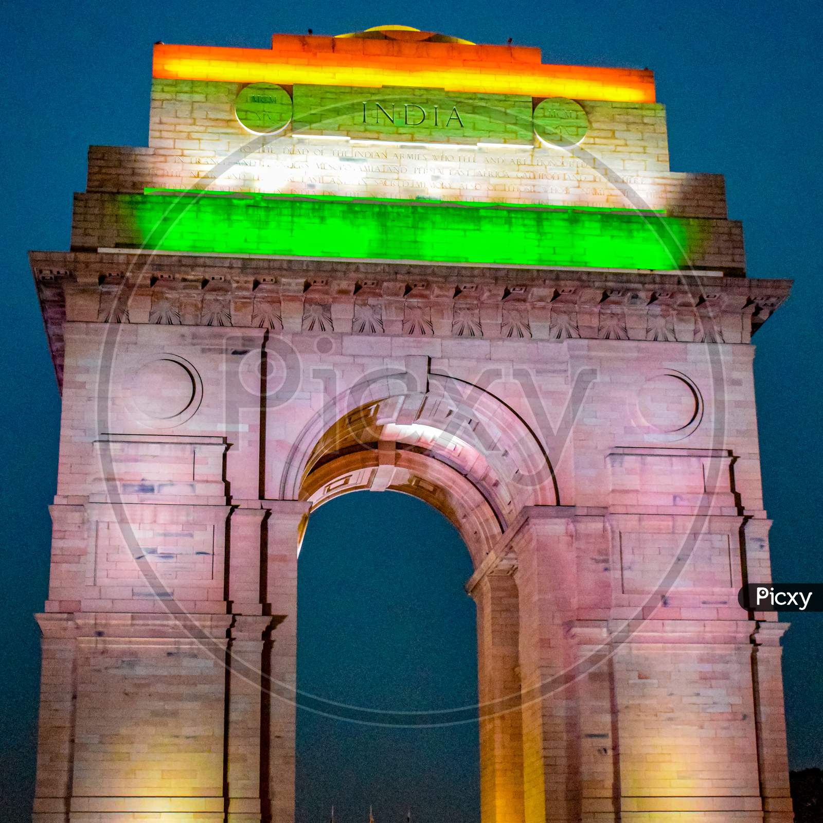 Evening View Of India Gate In Delhi India, India Gate View With Tri Colour At The Top, India Gate Architecture Full View During Evening Time