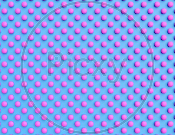 3D Illustration Of Rows Of Pink Circles .Set Of Circles On Monocrome Blue Background, Pattern. Geometry  Background