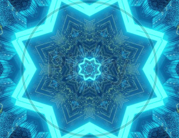 Ornamental Kaleidoscope Pattern With Neon Light 3D Illustration