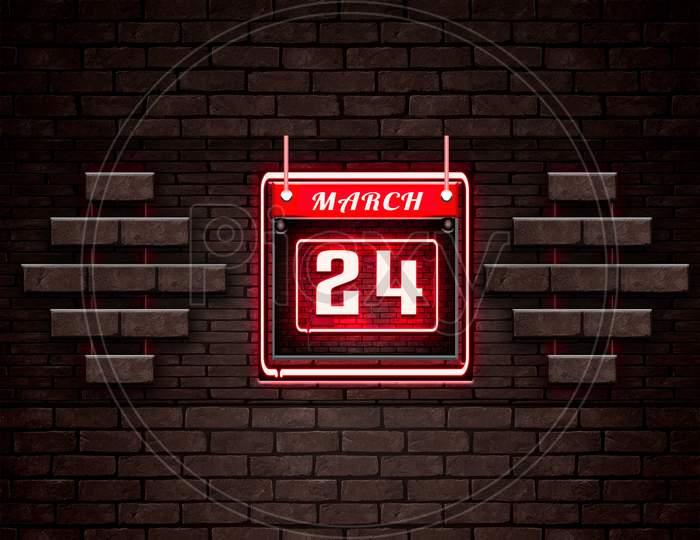 24 March, Monthly Calendar On Bricks Background