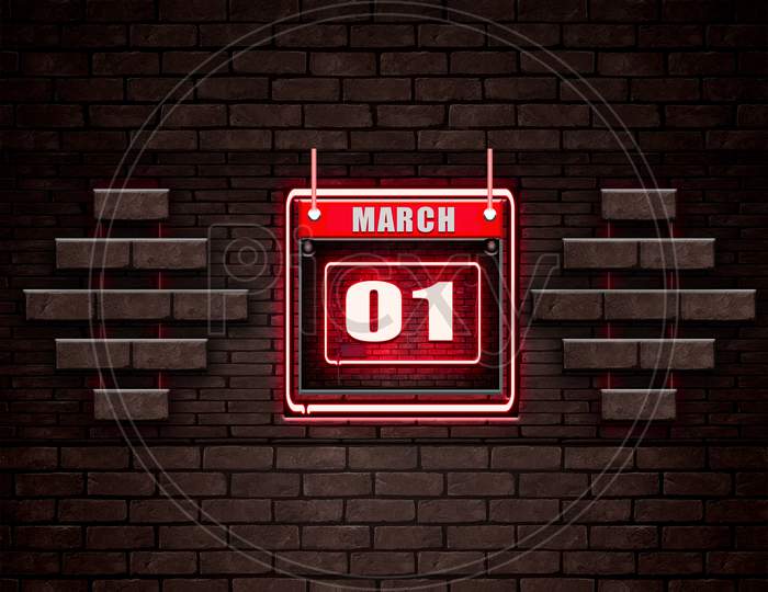 01 March, Monthly Calendar On Bricks Background