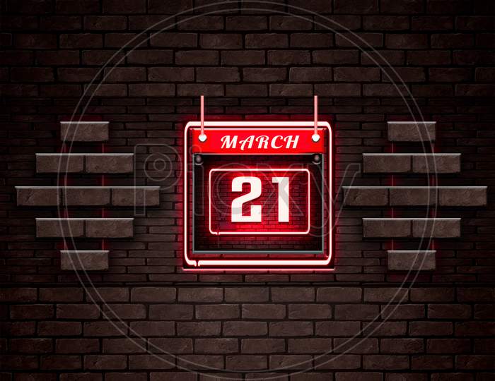 21 March, Monthly Calendar On Bricks Background